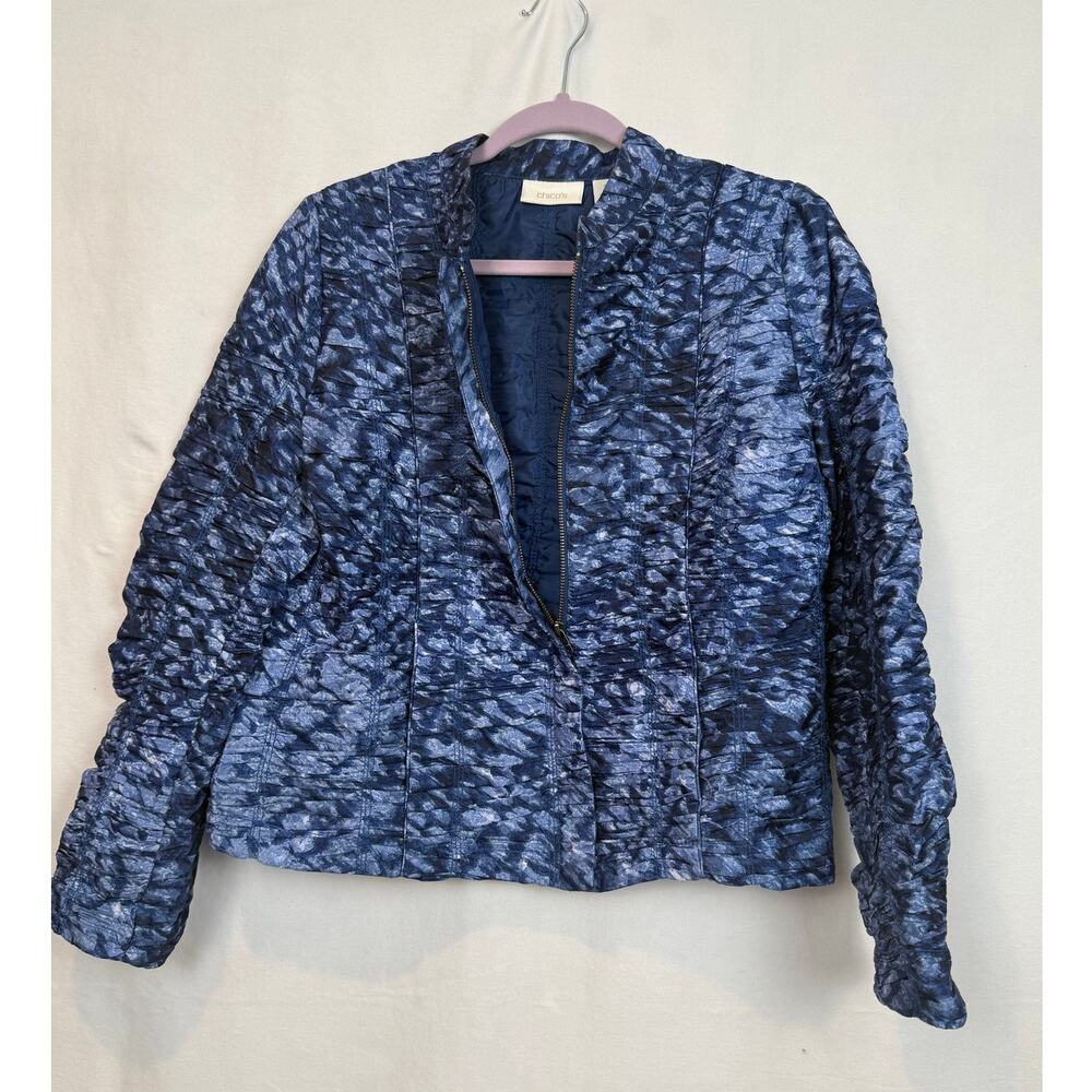 Chico's Size 1 Blue Abstract Ruched Textured Zip Jacket